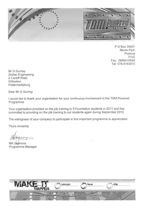 TDM Training letter to Zodiac Engineering - thumbnail